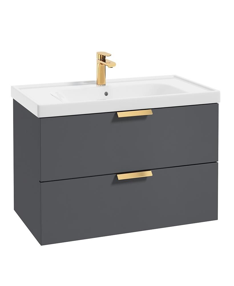 Stockholm Wall Hung 80Cm Two Drawer Unit Matt Midnight Grey-Brushed Gold Handles
