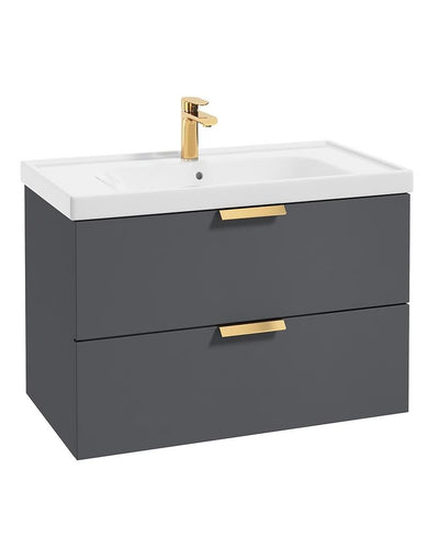 Stockholm Wall Hung 80Cm Two Drawer Unit Matt Midnight Grey-Brushed Gold Handles
