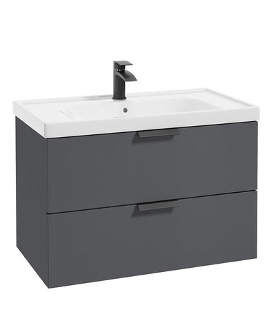 Stockholm Wall Hung 80Cm Two Drawer Unit Matt Midnight Grey-Matt Black Handles