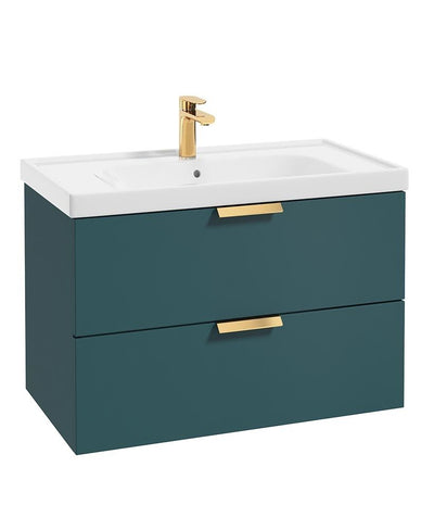 Stockholm Wall Hung 80Cm Two Drawer Unit Matt Ocean Blue-Brushed Gold Handles