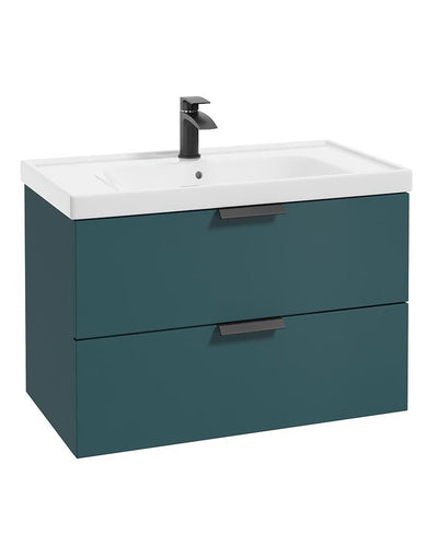 Stockholm Wall Hung 80Cm Two Drawer Unit Matt Ocean Blue-Matt Black Handles