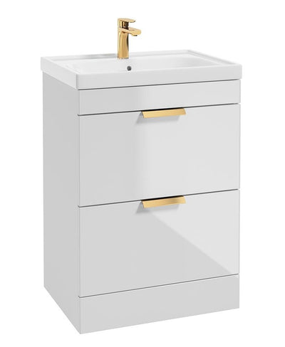 Stockholm Floorstanding 60Cm Two Drawer Unit Gloss White-Brushed Gold Handles