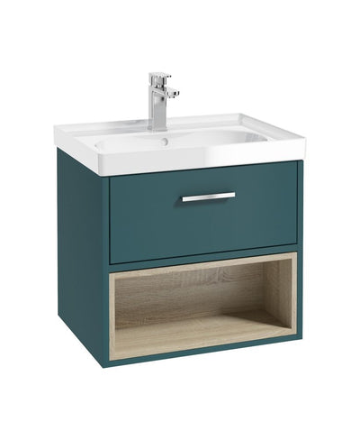 Malmo Wall Hung 60Cm Single Drawer Unit Matt Ocean Blue-Gloss Basin-Chrome Handle