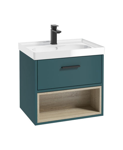 Malmo Wall Hung 60Cm Single Drawer Unit Matt Ocean Blue-Gloss Basin-Black Handle