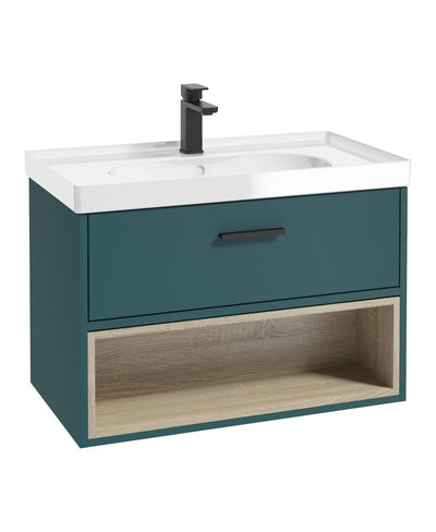 Malmo Wall Hung 80Cm Single Drawer Unit Matt Ocean Blue-Gloss Basin-Black Handle