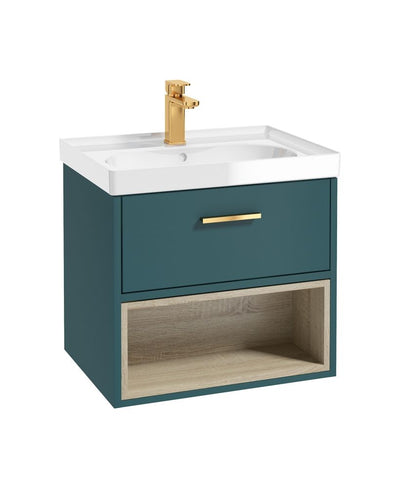 Malmo Wall Hung 60Cm Single Drawer Unit Matt Ocean Blue-Gloss Basin-Gold Handle