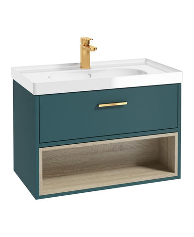 Malmo Wall Hung 80Cm Single Drawer Unit Matt Ocean Blue-Gloss Basin-Gold Handle