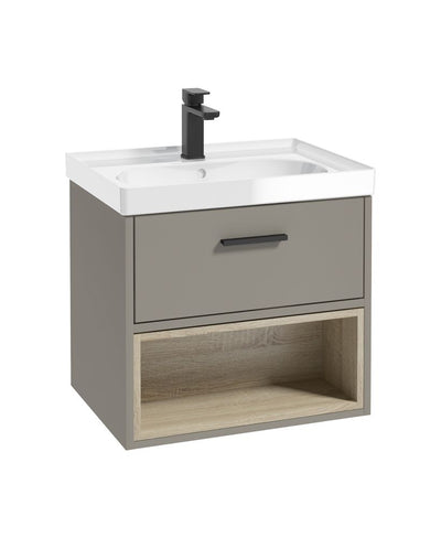 Malmo Wall Hung 60Cm Single Drawer Unit Matt Khaki-Gloss Basin-Black Handle