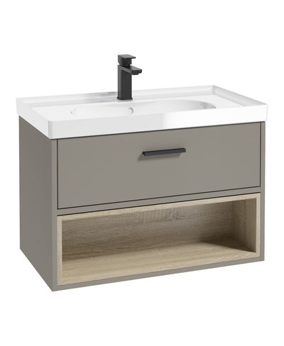 Malmo Wall Hung 80Cm Single Drawer Unit Matt Khaki-Gloss Basin-Black Handle