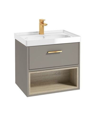 Malmo Wall Hung 60Cm Single Drawer Unit Matt Khaki-Gloss Basin-Gold Handle