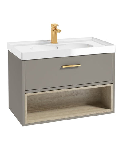 Malmo Wall Hung 80Cm Single Drawer Unit Matt Khaki-Gloss Basin-Gold Handle