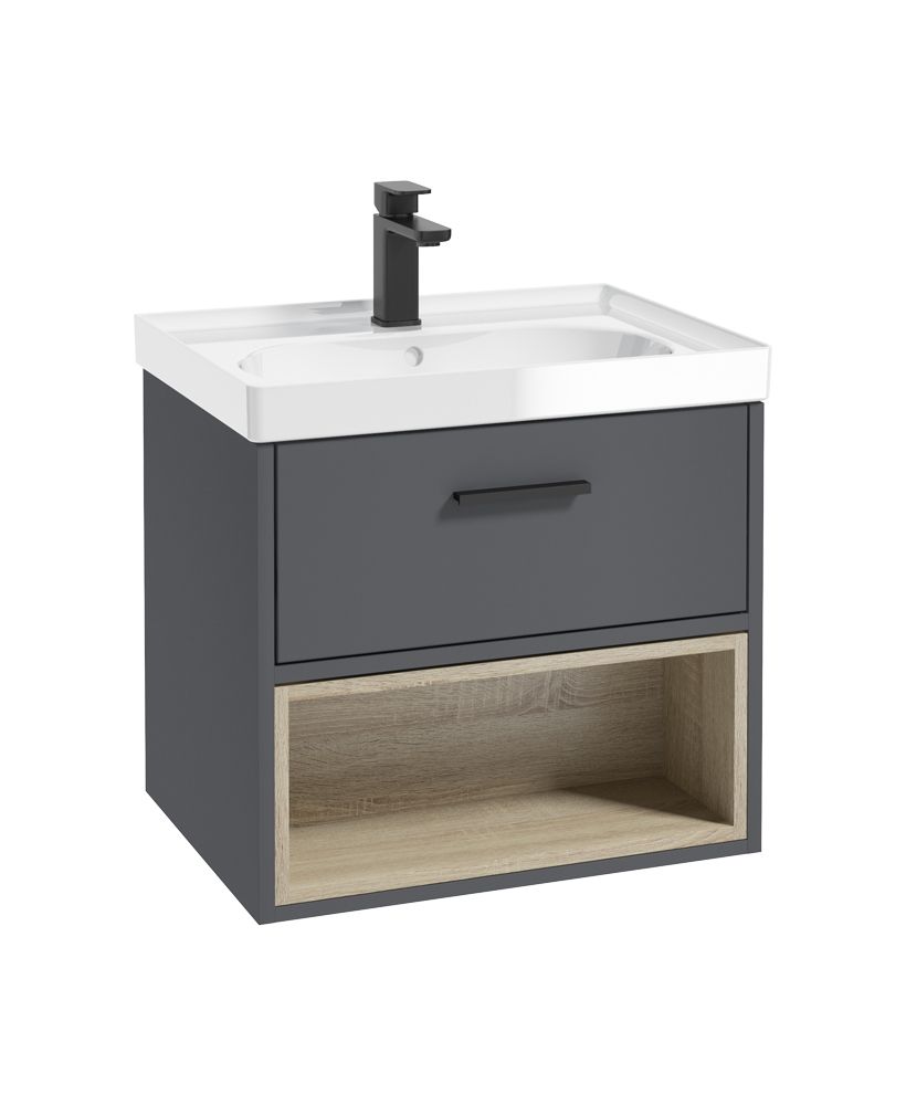 Malmo Wall Hung 60Cm Single Drawer Unit Matt Midnight Grey-Gloss Basin-Black Handle