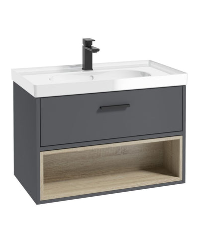 Malmo Wall Hung 80Cm Single Drawer Unit Matt Midnight Grey-Gloss Basin-Black Handle