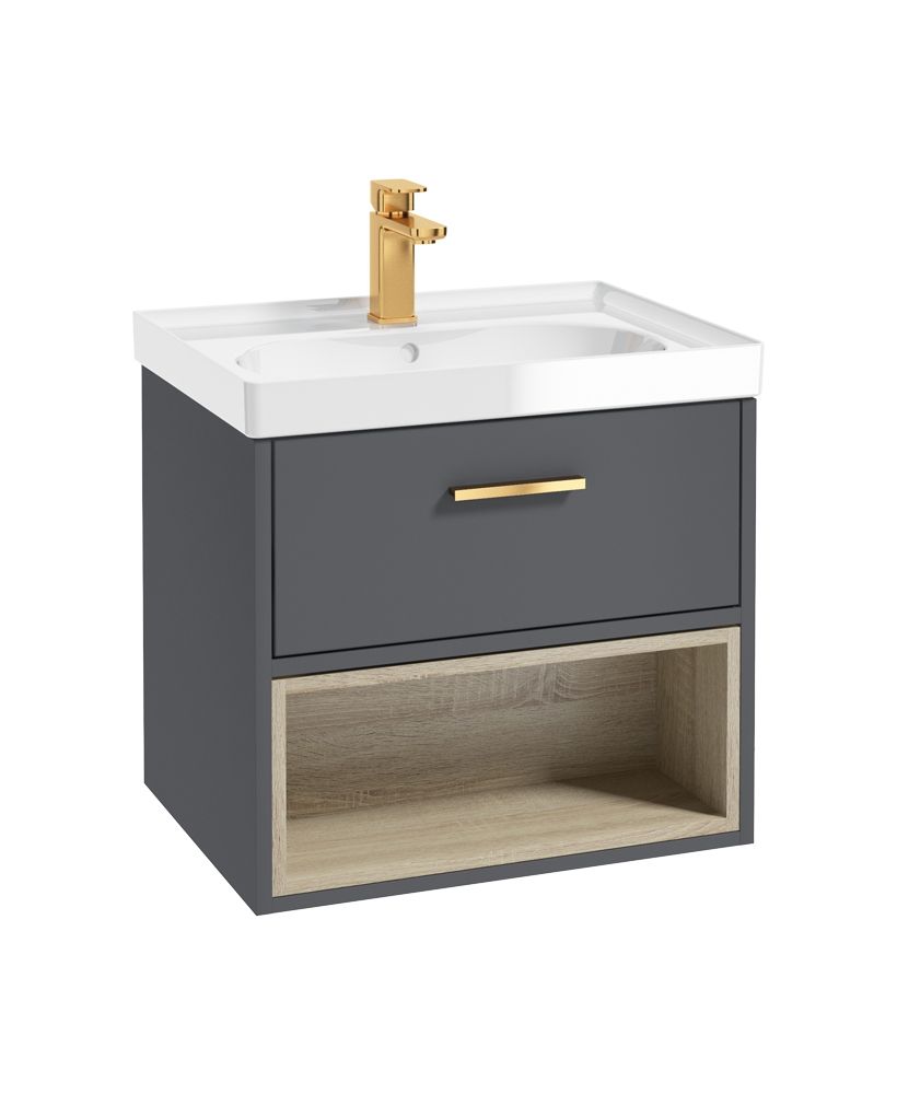 Malmo Wall Hung 60Cm Single Drawer Unit Matt Midnight Grey-Gloss Basin-Gold Handle