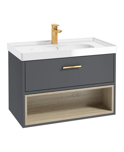 Malmo Wall Hung 80Cm Single Drawer Unit Matt Midnight Grey-Gloss Basin-Gold Handle