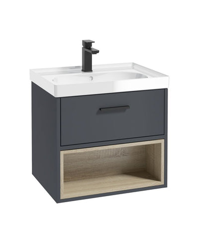 Malmo Wall Hung 60Cm Single Drawer Unit Matt Night Sky Blue-Gloss Basin-Black Handle