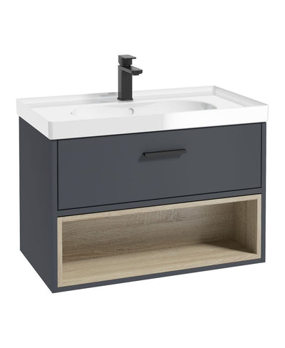 Malmo Wall Hung 80Cm Single Drawer Unit Matt Night Sky Blue-Gloss Basin-Black Handle