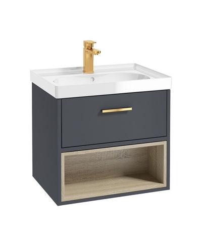 Malmo Wall Hung 60Cm Single Drawer Unit Matt Night Sky Blue-Gloss Basin-Gold Handle