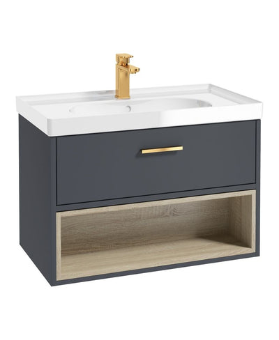 Malmo Wall Hung 80Cm Single Drawer Unit Matt Night Sky Blue-Gloss Basin-Gold Handle