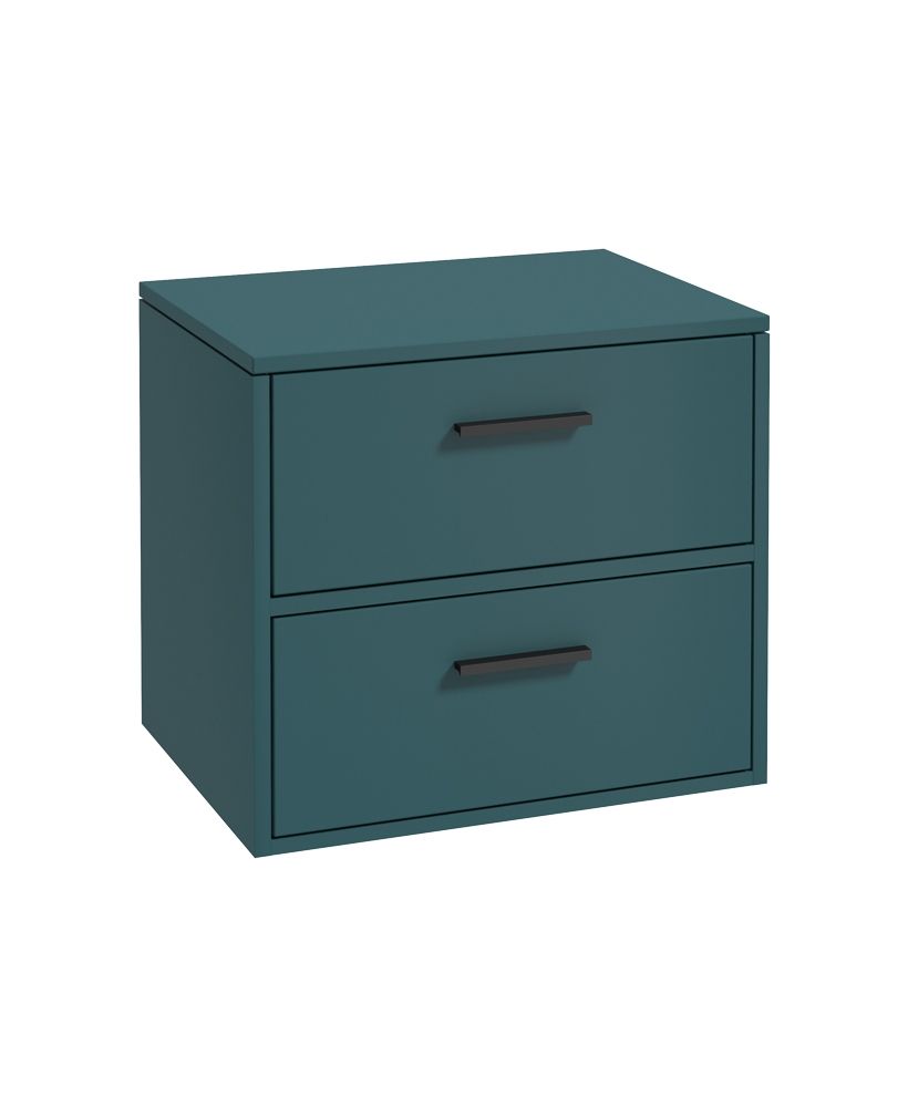 Finland Wall Hung 60Cm Two Drawer Countertop Unit Matt Ocean Blue-Black Handles