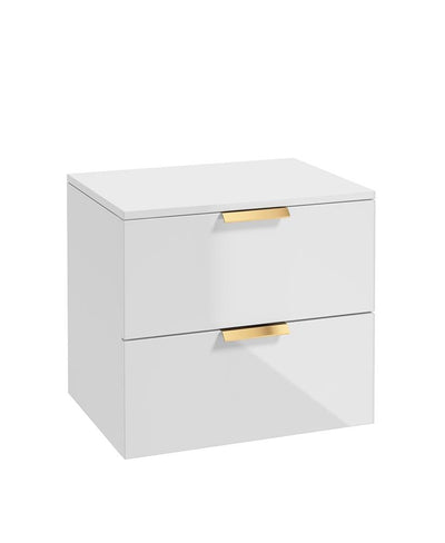 Stockholm Wall Hung 60Cm Two Drawer Countertop Unit Gloss White-Brushed Gold Handles
