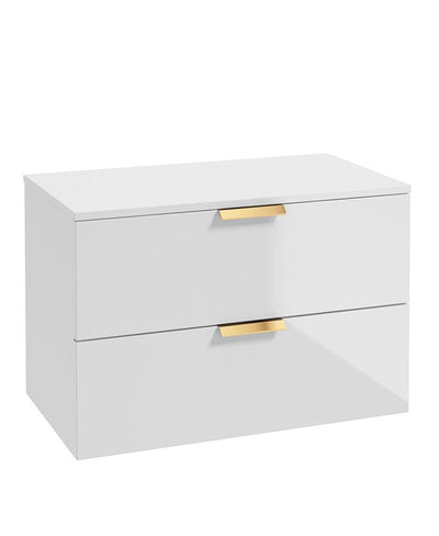 Stockholm Wall Hung 80Cm Two Drawer Countertop Unit Gloss White-Brushed Gold Handles