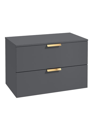 Stockholm Wall Hung 80Cm Two Drawer Countertop Unit Matt Midnight Grey-Brushed Gold Handles