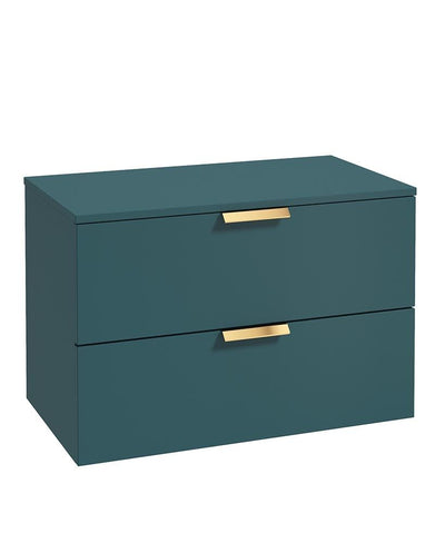Stockholm Wall Hung 80Cm Two Drawer Countertop Unit Matt Ocean Blue-Brushed Gold Handles