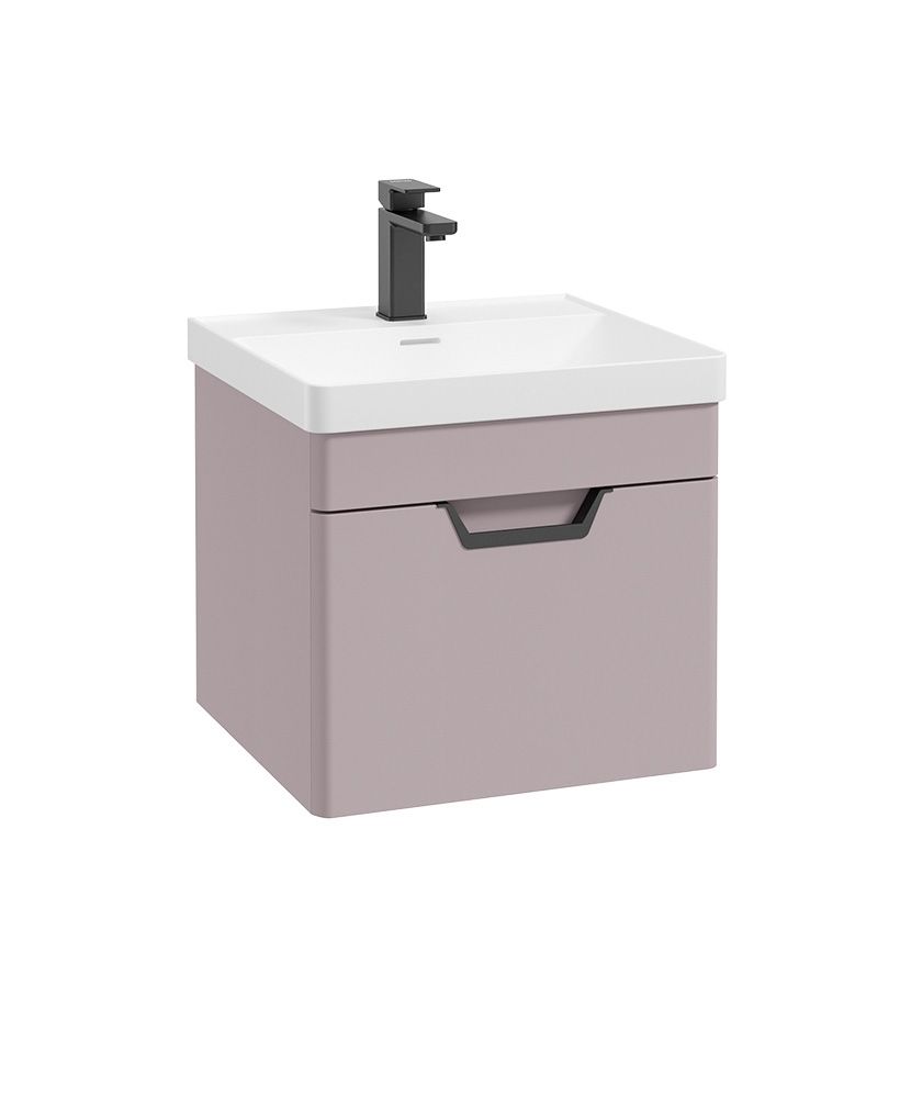 Freya Wall Hung 50Cm Single Drawer Unit Matt Cashmere Pink-Black Handle