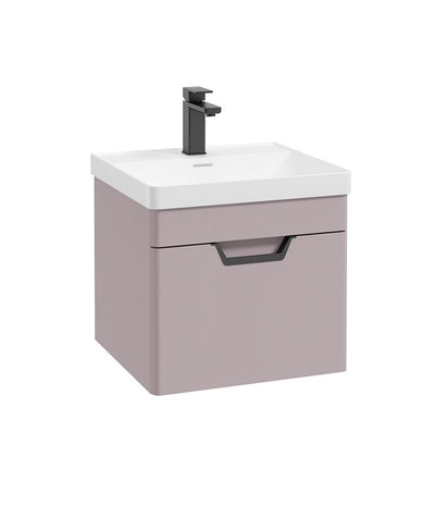 Freya Wall Hung 50Cm Single Drawer Unit Matt Cashmere Pink-Black Handle