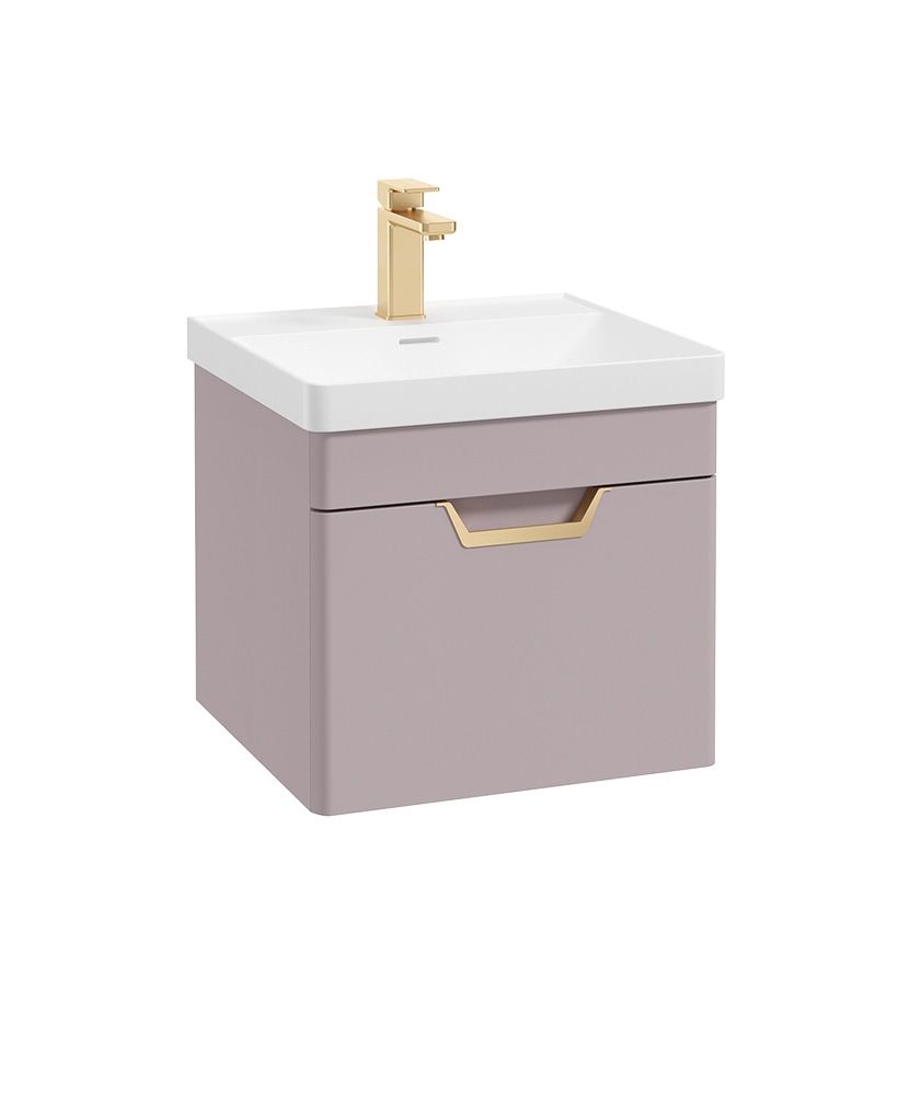 Freya Wall Hung 50Cm Single Drawer Unit Matt Cashmere Pink-Gold Handle