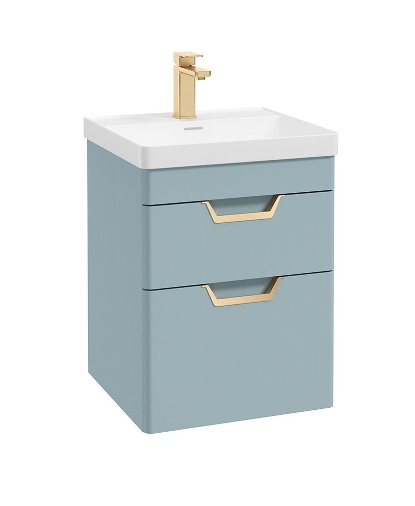 Freya Wall Hung 50Cm Two Drawer Unit Matt Morning Sky Blue-Gold Handles