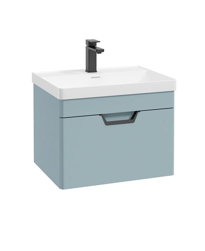 Freya Wall Hung 60Cm Single Drawer Unit Matt Morning Sky Blue-Black Handle