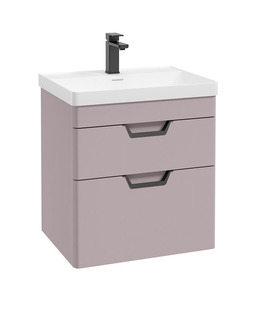 Freya Wall Hung 60Cm Two Drawer Unit Matt Cashmere Pink-Black Handles