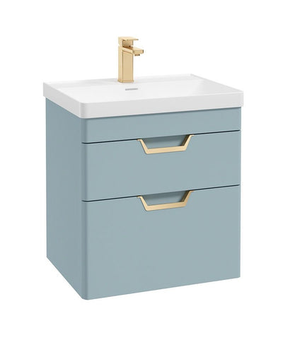 Freya Wall Hung 60Cm Two Drawer Unit Matt Morning Sky Blue-Gold Handles