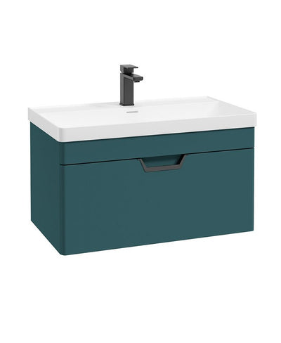 Freya Wall Hung 80Cm Single Drawer Unit Matt Ocean Blue-Black Handles