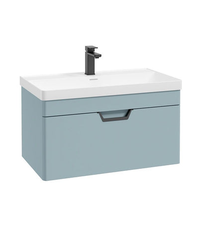 Freya Wall Hung 80Cm Single Drawer Unit Matt Morning Sky Blue-Black Handles