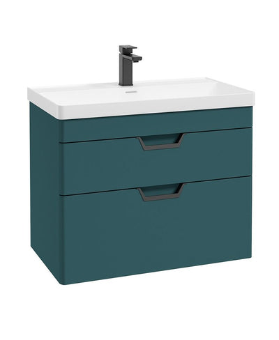 Freya Wall Hung 80Cm Two Drawer Unit Matt Ocean Blue-Black Handles