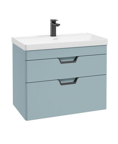 Freya Wall Hung 80Cm Two Drawer Unit Matt Morning Sky Blue-Black Handles