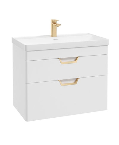 Freya Wall Hung 80Cm Two Drawer Unit Matt White-Gold Handles