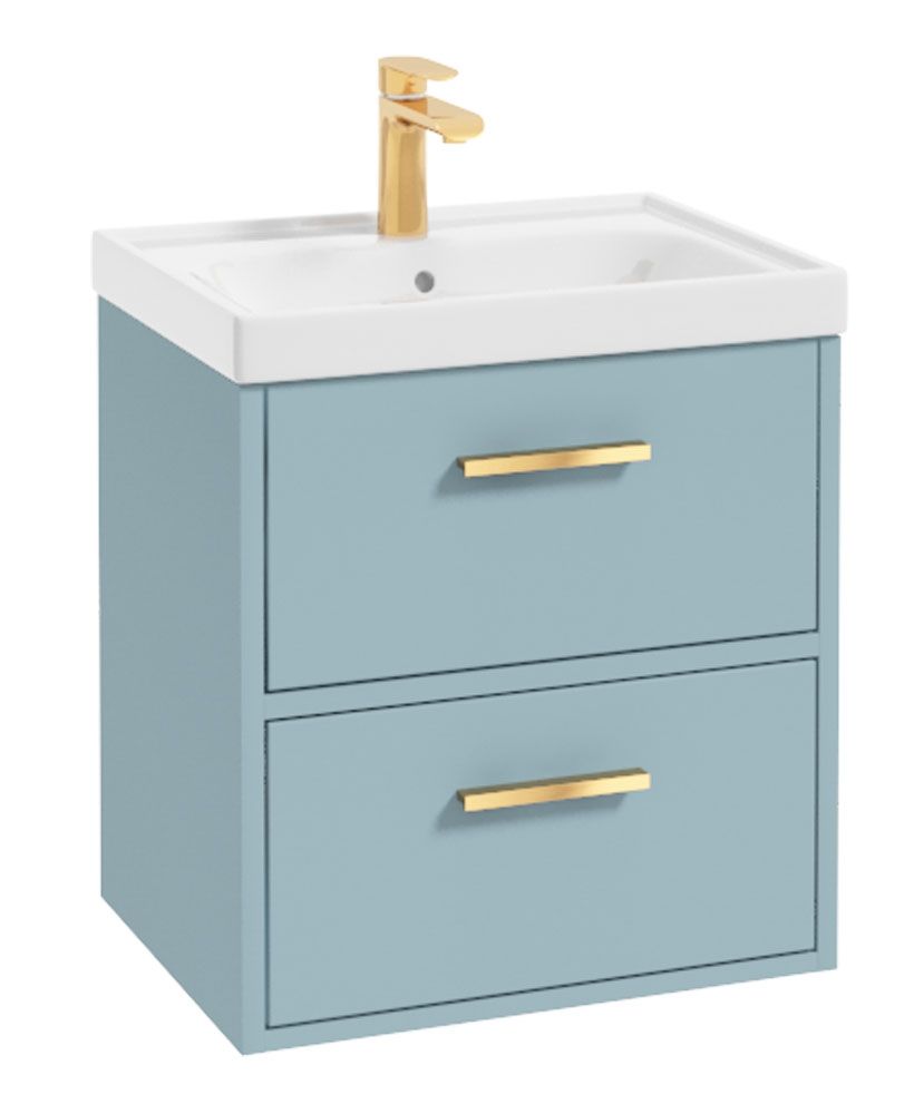 Finland Wall Hung 50Cm Two Drawer Unit Matt Morning Sky Blue-Gold Handles