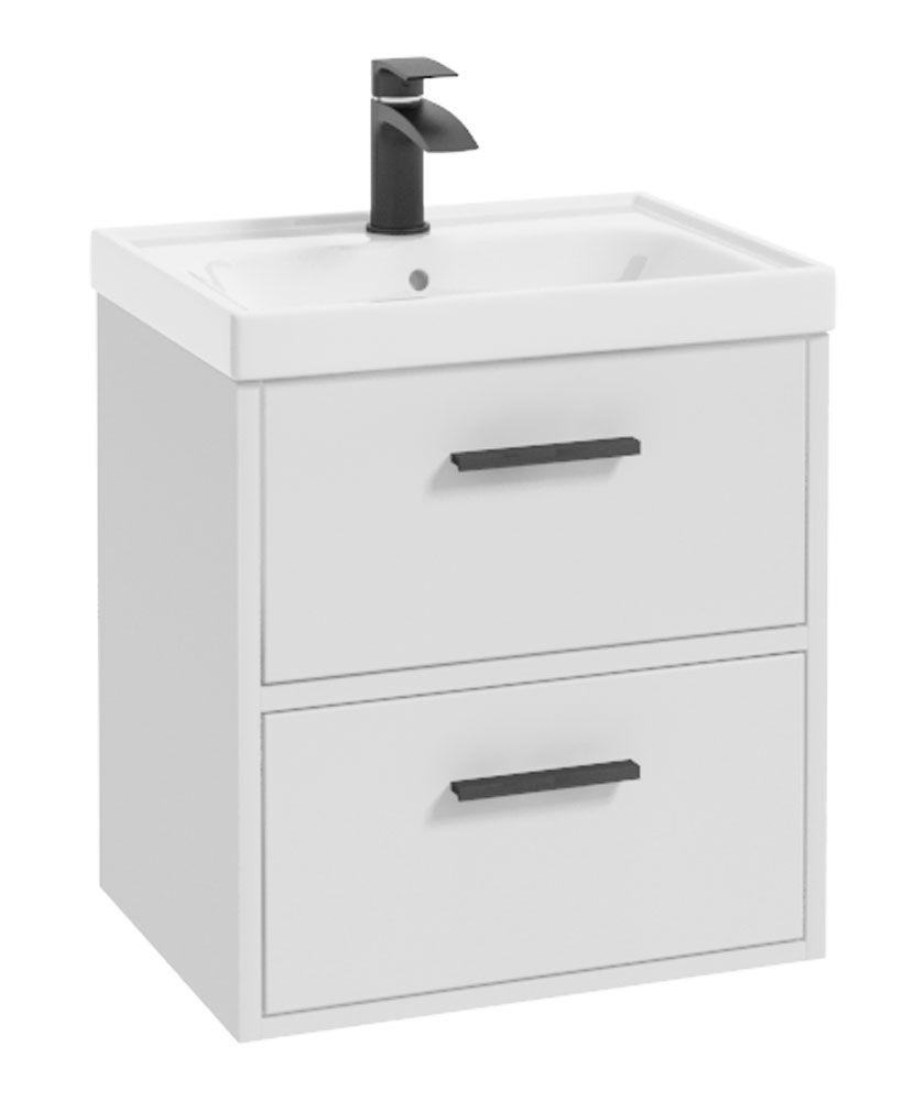 Finland Wall Hung 50Cm Two Drawer Unit Matt White-Black Handles