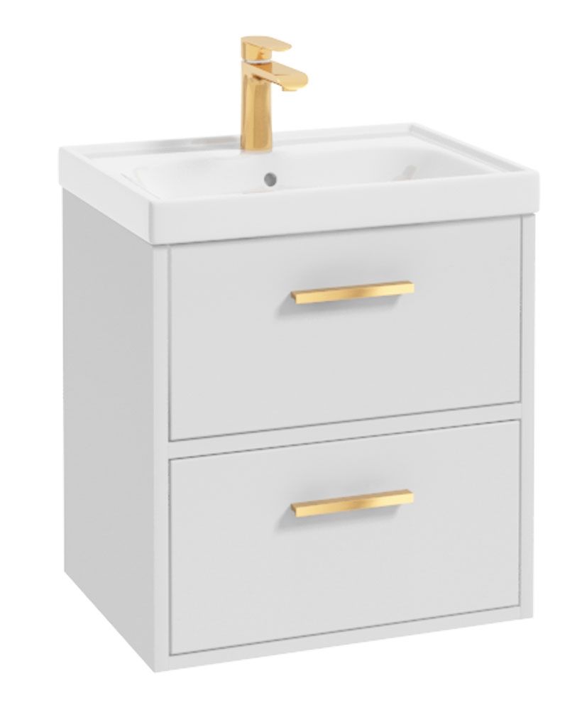 Finland Wall Hung 50Cm Two Drawer Unit Matt White-Gold Handles