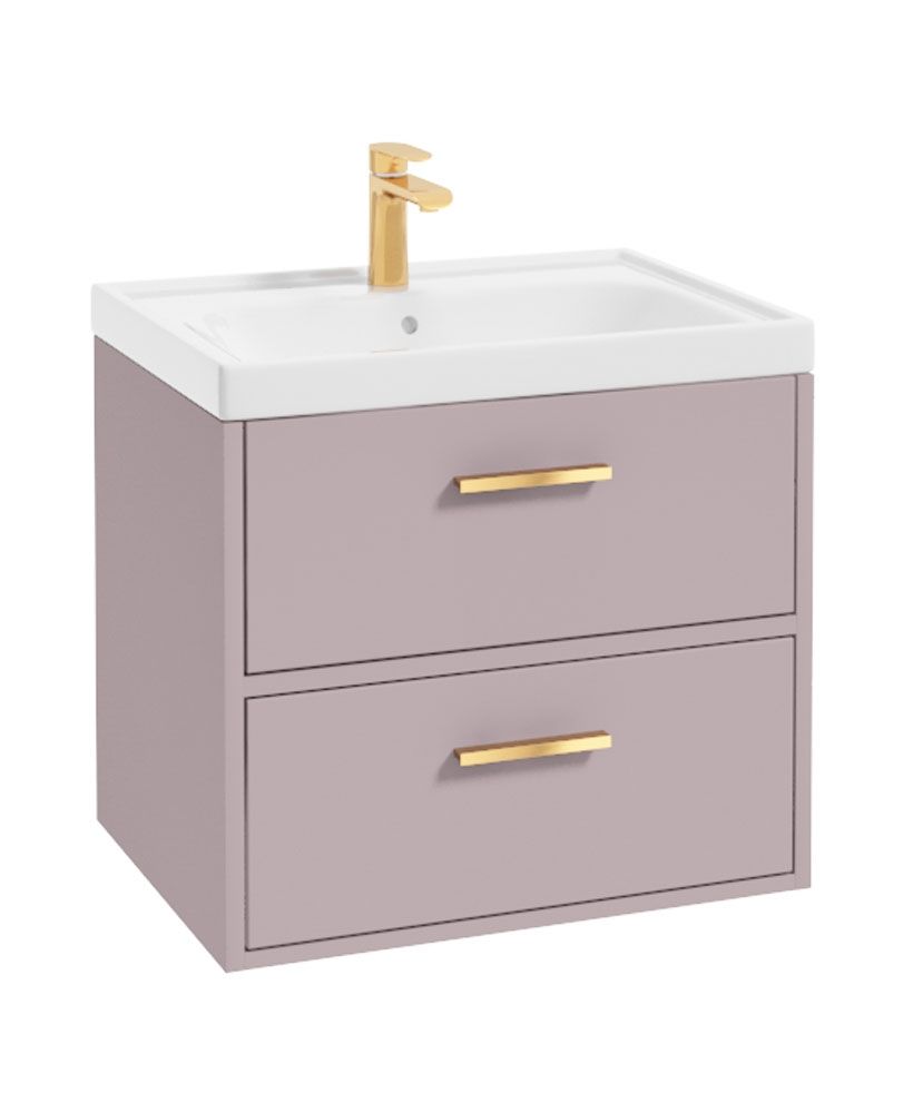 Finland Wall Hung 60Cm Two Drawer Unit Matt Cashmere Pink-Gold Handles