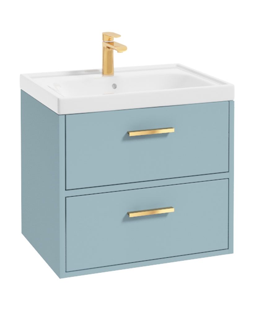 Finland Wall Hung 60Cm Two Drawer Unit Matt Morning Sky Blue-Gold Handles
