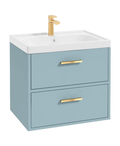 Finland Wall Hung 60Cm Two Drawer Unit Matt Morning Sky Blue-Gold Handles
