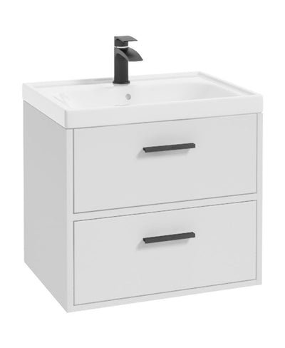 Finland Wall Hung 60Cm Two Drawer Unit Matt White-Black Handles