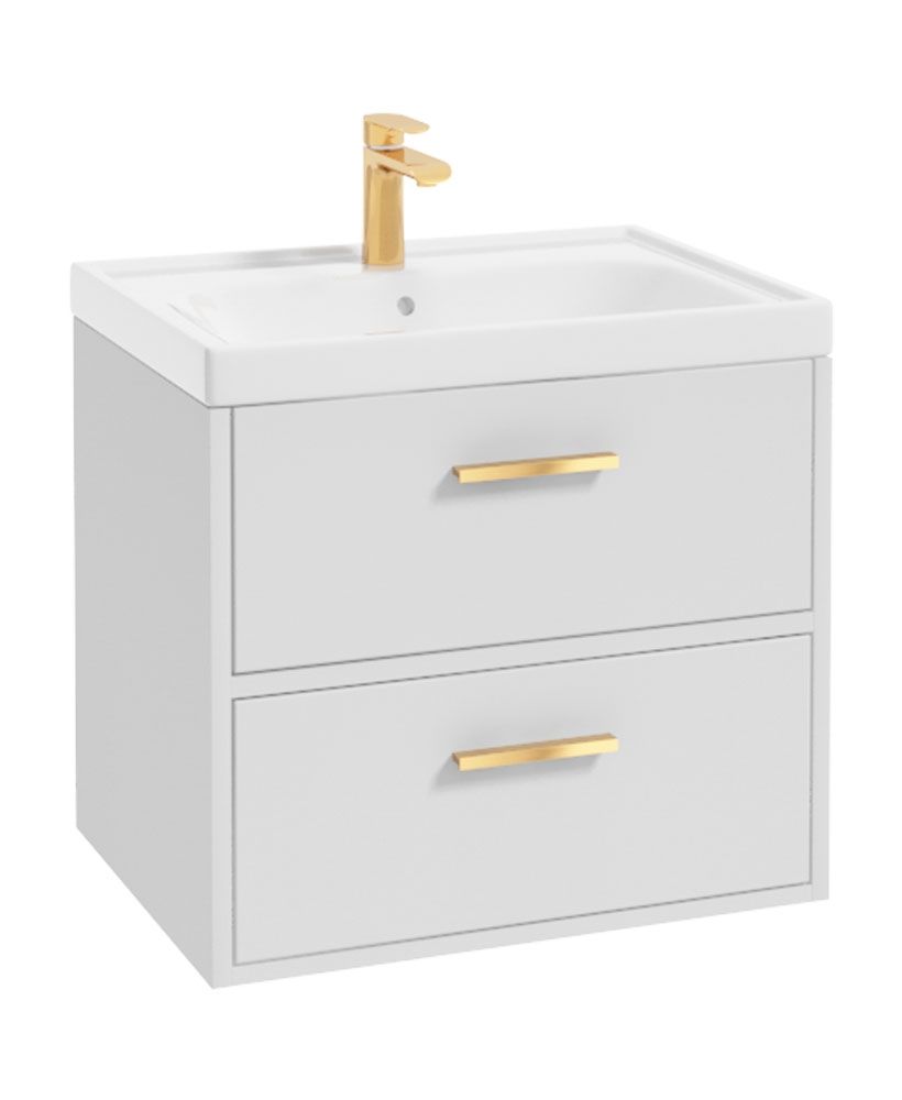 Finland Wall Hung 60Cm Two Drawer Unit Matt White-Gold Handles