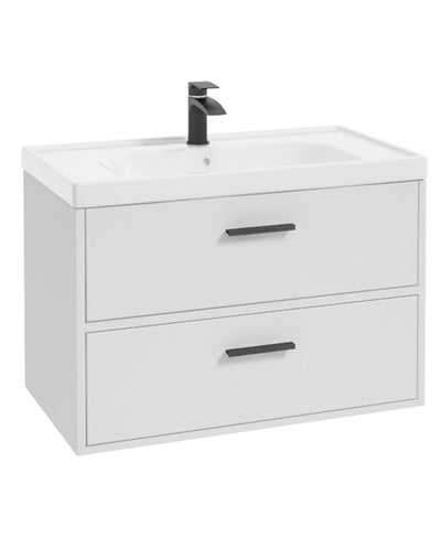 Finland Wall Hung 80Cm Two Drawer Unit Matt White-Black Handles