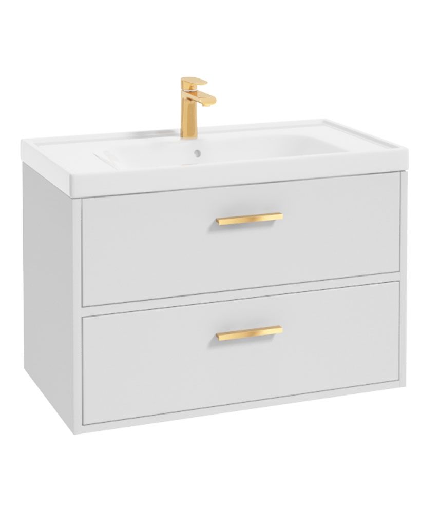 Finland Wall Hung 80Cm Two Drawer Unit Matt White-Gold Handles